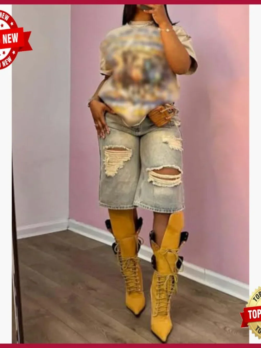 High Rise Baggy Ripped Denim Shorts Straight Wide Leg Y2k Bermuda Cargo